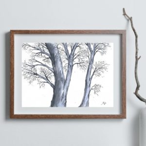 Original watercolour painting titled 'Gray Mood,' featuring a classic black-and-white design. The artwork includes detailed branches and fine line work created with pen, highlighting the intricate textures and contrasts.