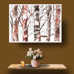Original painting titled 'Birch Tree with Ink,' showcasing the artistic beauty of birch tree trunks. Created using Indian ink on photo paper, the painting highlights flowing techniques and light effects. Well-received at the 2023 exhibition.