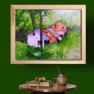 "Watercolour painting titled 'Indian Monsoon,' inspired by a trip to the Konkan region of western India during the monsoon season. The artwork captures the fresh, rejuvenated look of the surroundings after the rain, with charming houses and smiling faces."