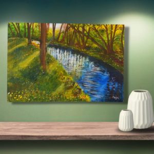 Painting titled 'Spirited Places,' inspired by the harmonious blend of blues and greens in nature. The artwork depicts a serene, refreshing landscape that invites the viewer to imagine sipping freshwater, dipping feet, and listening to birdsong. Created from the artist's imagination and observation, this painting embodies a perfect match of colors and a sense of ideal tranquility.