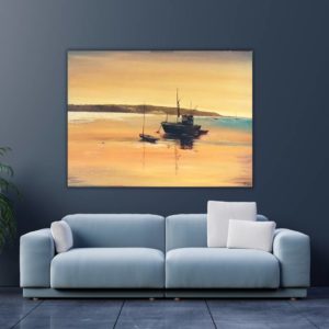 Twilight landscape painting in acrylic by Anju Desai, featuring earthy tones of pink, mustard, and burnt amber, creating a relaxing and harmonious scene.