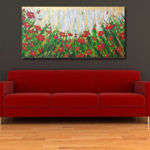 Painting titled 'Golden Poppies,' created without a brush using a palette knife, fingers, and a free-flowing approach. The artwork showcases vibrant red poppies with beautiful metallic colors, reflecting the artist's love for these flowers and their creative, unstructured technique.