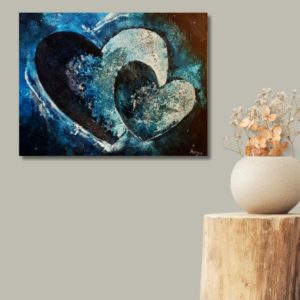 Painting titled 'We Two,' inspired by a gorgeous shade and created using tactile tools, hand-fingers, and mixed media. This artwork builds on a similar concept from earlier paintings, showcasing the artist's exploration of textures and colors.