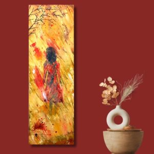 ainting titled 'On My Way,' representing a personal journey of moving past difficulties and embracing a brighter future. The artwork depicts a girl leaving behind a storm and heading towards a rainbow, surrounded by vibrant yellows and reds that symbolize rejuvenation and expressive energy. This painting embodies a positive transformation and is considered priceless by the artist.