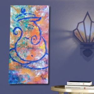 Abstract painting of Ganesh created using mixed media techniques with pastel colors and shades of purple. The artwork features a textured and vibrant depiction of Ganesh, blending traditional elements with contemporary style.
