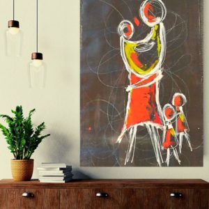 Market Day in India by Anju Desai. A vibrant depiction of an Indian mother with her children in a busy market scene. The painting captures the essence of women in Maharashtra, dressed in traditional Marathi sarees, exuding strength and grace as they navigate their daily tasks. This piece is a tribute to the resilience and beauty of these hardworking women.