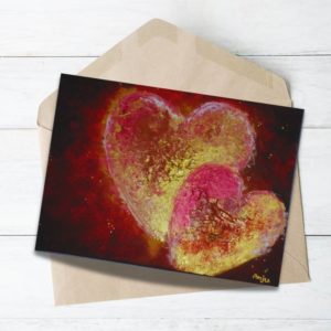 We Two - Art Greeting Card two red and gold heart painting Anju nz