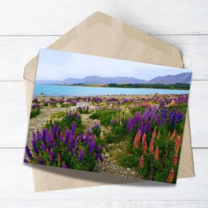 Lupin flower in front of blue lake with mountains greeting card nz
