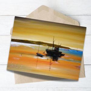 Twilight - Art Greeting Card yellow background evening sky with a big boat yard