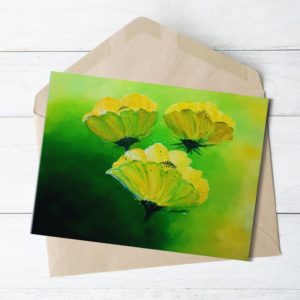 Painting greeting card by Anju green dreamy flowers on green backgorudn