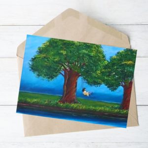 Acrylic painting by Anju NZ landscape little girl on swing big tree