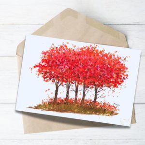 Red Autumn Trees- Art Greeting Card on white background red tree painting in watercolour