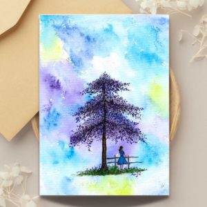 Mood 2 - Art Greeting Card by Anju purple watercolour girl under a tree empowerment