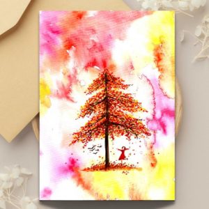 Mood 2 - Art Greeting Card by Anju red watercolour girl under a tree joy happy