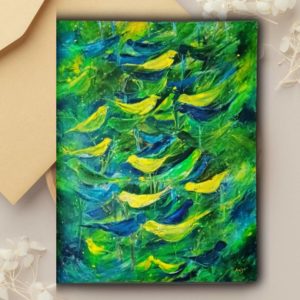 Bird Spirit - Art Greeting Card abstract painting by Anju nz green and yellow