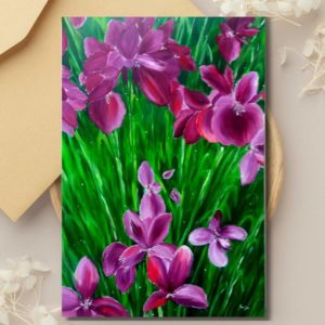 Iris - Art Greeting Card painting by Anju nz iris flower purple with green