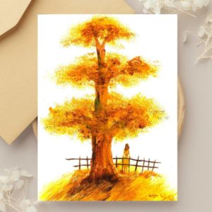 Me - Art Greeting Card by Anju yellow mustard big tree watercolour girl under a tree empowerment