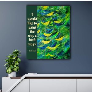 Abstract Painting with birds in green and yellow and the quote 'I would like to paint the way a bird sings