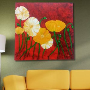 Painting of delicate poppies inspired by the Auckland Botanical Gardens, featuring their graceful shapes and vibrant colors. The background is highlighted with a rose madder shade, capturing the essence of the flowers swaying gently in the wind. The artwork reflects the artist's admiration for the natural beauty of these flowers and their intricate details.