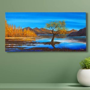 painting of Lake Wanaka, created using an extremely small 0-number brush to capture intricate details. The scene features the iconic tree at Lake Wanaka, surrounded by lovely yellows and blues that evoke the sparkling beauty of the South Island landscape. The artwork reflects the artist's admiration for this renowned view and their experiment with fine brushwork.