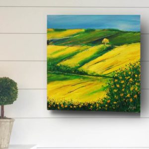 Painting titled 'Landed,' depicting a dream-like scene where the artist lands on lush grass and vibrant spring flowers. The artwork features mountains or hills in the background, evoking a sense of tranquility and belonging, reminiscent of the natural beauty of Aotearoa, New Zealand. The scene captures the artist's feeling of finding the perfect place in their dreams.