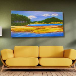 Painting titled 'Opoutere (Coromandel),' inspired by the tranquil and colorful landscape of a bird sanctuary in New Zealand. The artwork captures the vibrant and contrasting colors seen during a visit to this hidden gem. Created using various brushes and techniques, it reflects the artist's admiration for the peaceful beauty of Opoutere.
