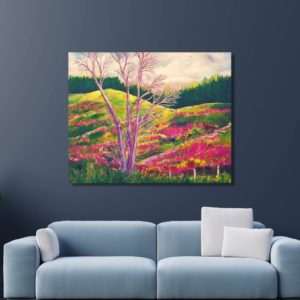 Landscape painting titled "Just Before Tairua" by Anju Desai, featuring vibrant purples and pinks that blend the glamour of Bollywood with the warmth of an Indian heart and the affection for the New Zealand landscape. Inspired by the scenic views and personal experiences in Tairua, Coromandel.