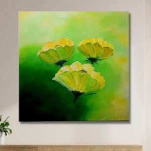Dreamy Flowers by Anju Desai. A beautiful green painting with a background blending from dark to light. Inspired by a previous watercolor piece using the salt technique, this acrylic version evokes a sense of joy and looks stunning on a white wall.