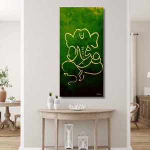 "Ganesha print in olive green with lime yellow, offered as an oblong poster. The unique color combination represents growth and vitality."