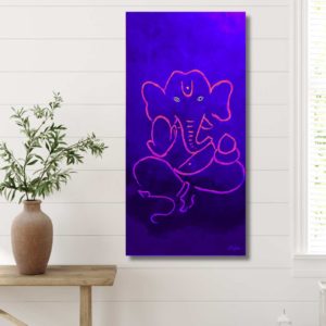 "Ganesha print in royal blue with fuchsia pink, available as an oblong poster. The contrasting colors provide a dynamic and vibrant appearance."