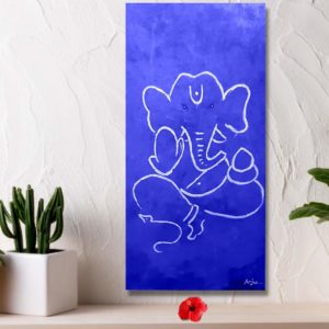 Ganesha print in royal blue and white, available as an oblong poster. The classic blue and white combination adds a regal and timeless touch