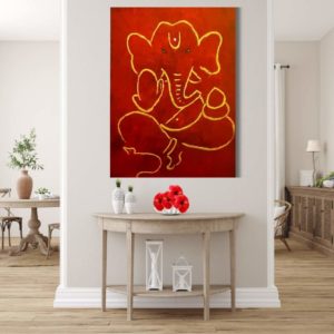 Ganesha print in red and gold, offered as an oblong poster. The vibrant red and shimmering gold enhance the festive and auspicious aura