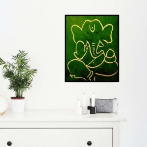 Ganesha print in olive green with lime yellow, offered as an oblong poster. The unique color combination represents growth and vitality.