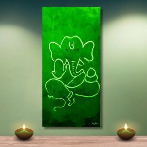 "Ganesha print in green, offered as an oblong poster. The calming green color symbolizes prosperity and renewal."