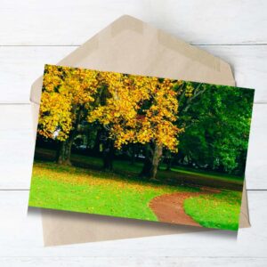Greeting card showing a golden autumn path through Cornwall Park, One Tree Hill in Auckland, New Zealand, with fallen leaves and trees in warm hues.