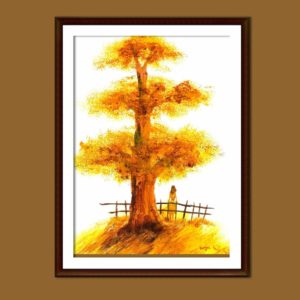 "Painting titled 'Me,' depicting a tree imagined by the artist as a child, inspired by her father's encouragement. The artwork features a girl standing on a hill, watching the sunset, symbolizing peace and self-reflection. Created with watercolor on A3 paper, this piece resonates with themes of imagination and personal growth."