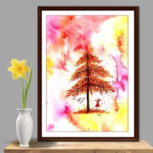 "Watercolor painting titled 'Mood’s 1,' depicting a happy childhood with loving parents, a supportive school, and fun-filled activities. The artwork features the artist's favorite style of tree and captures the simplicity and contentment of those days. Created on A4 watercolor paper."