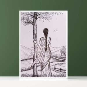 "A sketch titled 'Lost in Nature' depicting the artist as a young woman in India, envisioning a more beautiful landscape. The scene transitions to the abundant natural beauty of New Zealand, capturing the artist's sense of wonder and excitement as if reading a picture book."