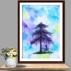 "Watercolor painting titled 'Mood’s 2,' reflecting the artist's teenage years in India, where nature was a source of inspiration and calmness. The artwork features a serene purple color to symbolize tranquility and includes the artist's favourite style of tree. Created on A4 watercolor paper."