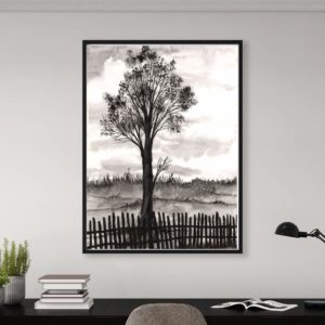 "A painting titled 'My Backyard,' created by the artist in Ōtāhuhu, New Zealand, during a time of feeling lost and disconnected after moving from India. The artwork represents the artist's journey to find belonging and peace in their new surroundings, painted using black paint and a brush found while unpacking."