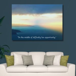 In the middle of difficulty lies opportunity inspritional poster positive quote nature sunset wellington harbour light blue cream