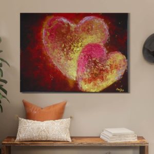 Painting titled 'Just Us,' described by the buyer as 'pouring with love.' This piece has had a significant impact on the viewer's healing practice. The original painting has been sold, but prints are available. Custom commissions can be done in your preferred shade.