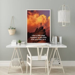 Life is 10% what happens to you 90% how you react to it - Inspirational poster sunset mountains