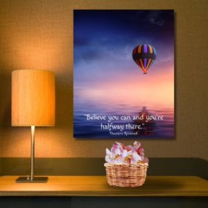 Believe you can and you're halfway there. inspiration quote air balloon purple sky dreamy inspirational positive quote