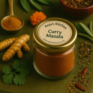 A small glass jar of 'Curry Masala' spice blend with warm-toned curry powder, placed beside traditional spices, representing Anju's Kitchen homemade masala
