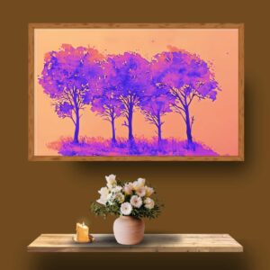 Original watercolour painting titled 'Cornwell Park - Maroon Elegance,' featuring trees rendered in deep maroon and brown tones. The artwork highlights the sophisticated and warm tones of autumn.